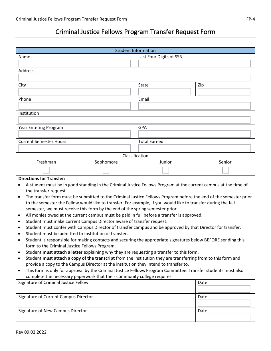 Form FP-4 Transfer Request Form - Criminal Justice Fellows Program - North Carolina, Page 1