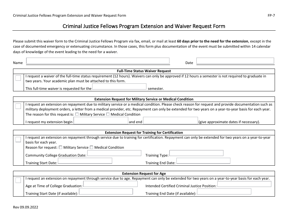 Form FP-7 Criminal Justice Fellows Program Extension and Waiver Request Form - North Carolina, Page 1