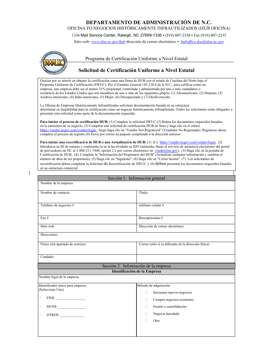 Solicitud De Certificacion Uniforme a Nivel Estatal - North Carolina (Spanish), Page 1