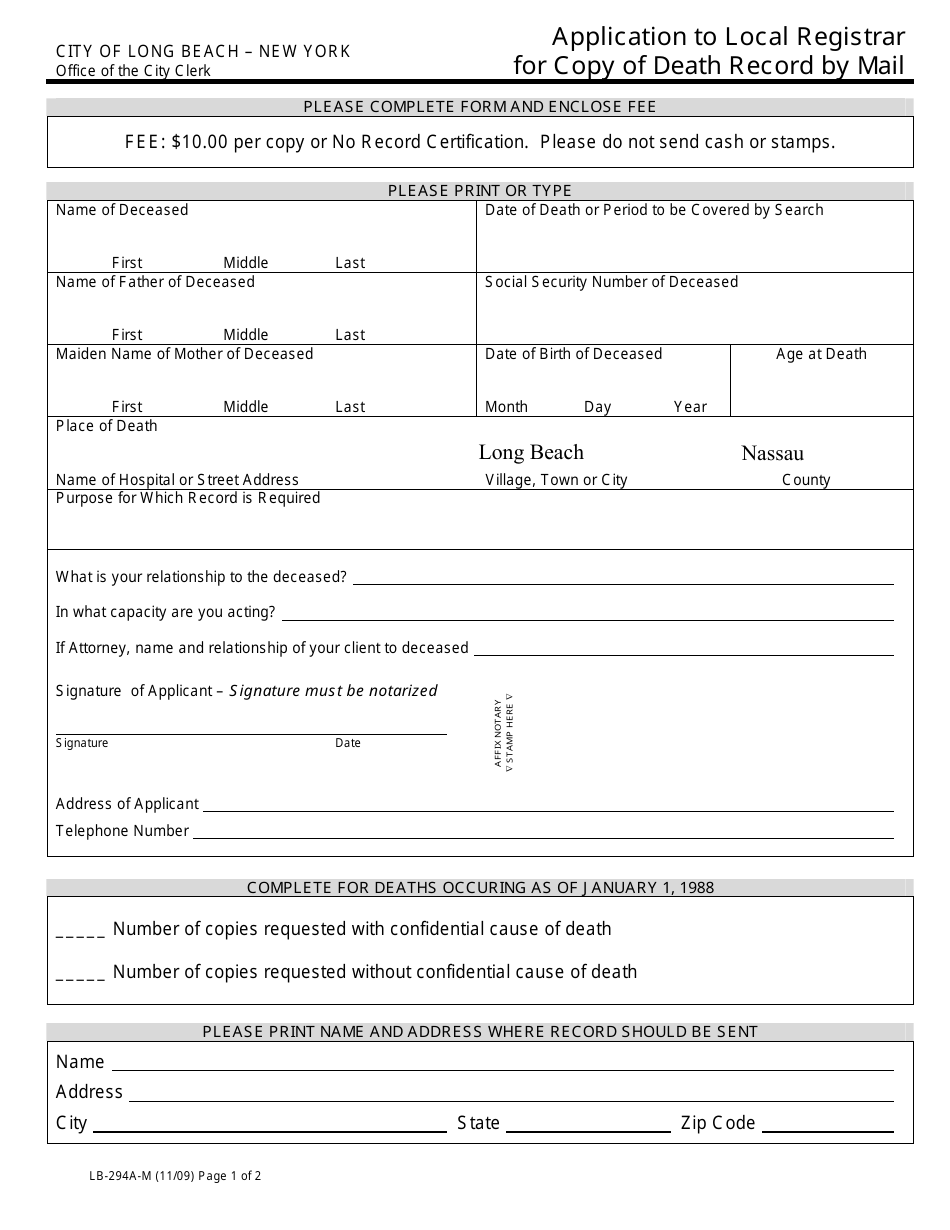 Form LB-294A-M Application to Local Registrar for Copy of Death Record by Mail - City of Long Beach, New York, Page 1