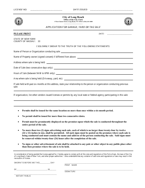 Application for Garage, Yard or Tag Sale - City of Long Beach, New York Download Pdf