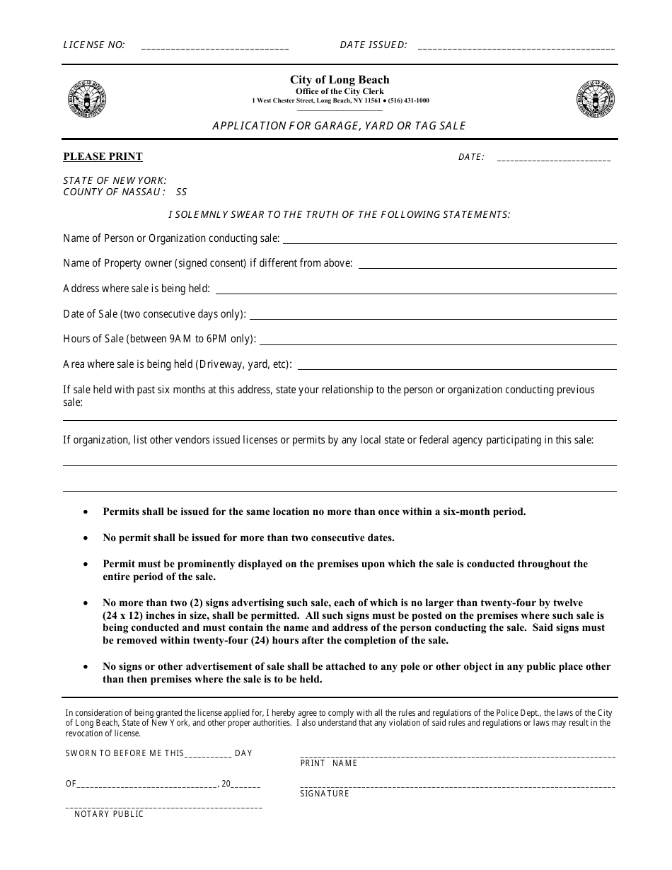 City of Long Beach, New York Application for Garage, Yard or Tag Sale