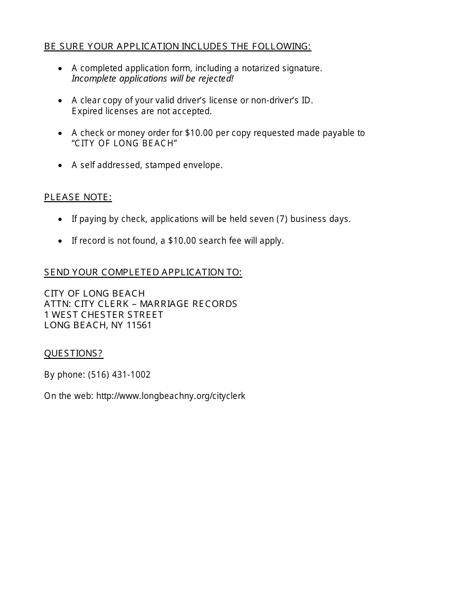 Form LB-301-M Application to City Clerk for Copy of Marriage Record by Mail - City of Long Beach, New York, Page 2