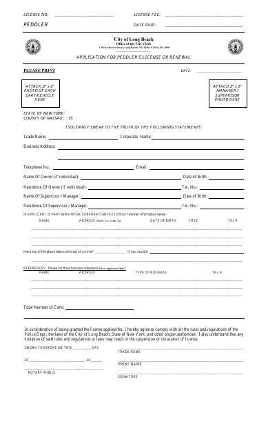 Application for Peddler's License or Renewal - City of Long Beach, New York Download Pdf