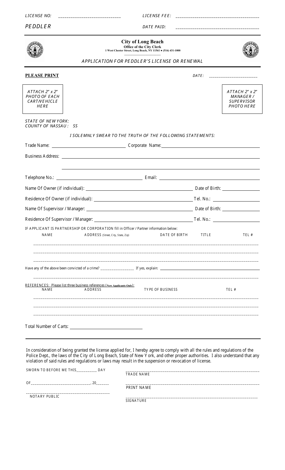 City Of Long Beach New York Application For Peddlers License Or Renewal Fill Out Sign 8316