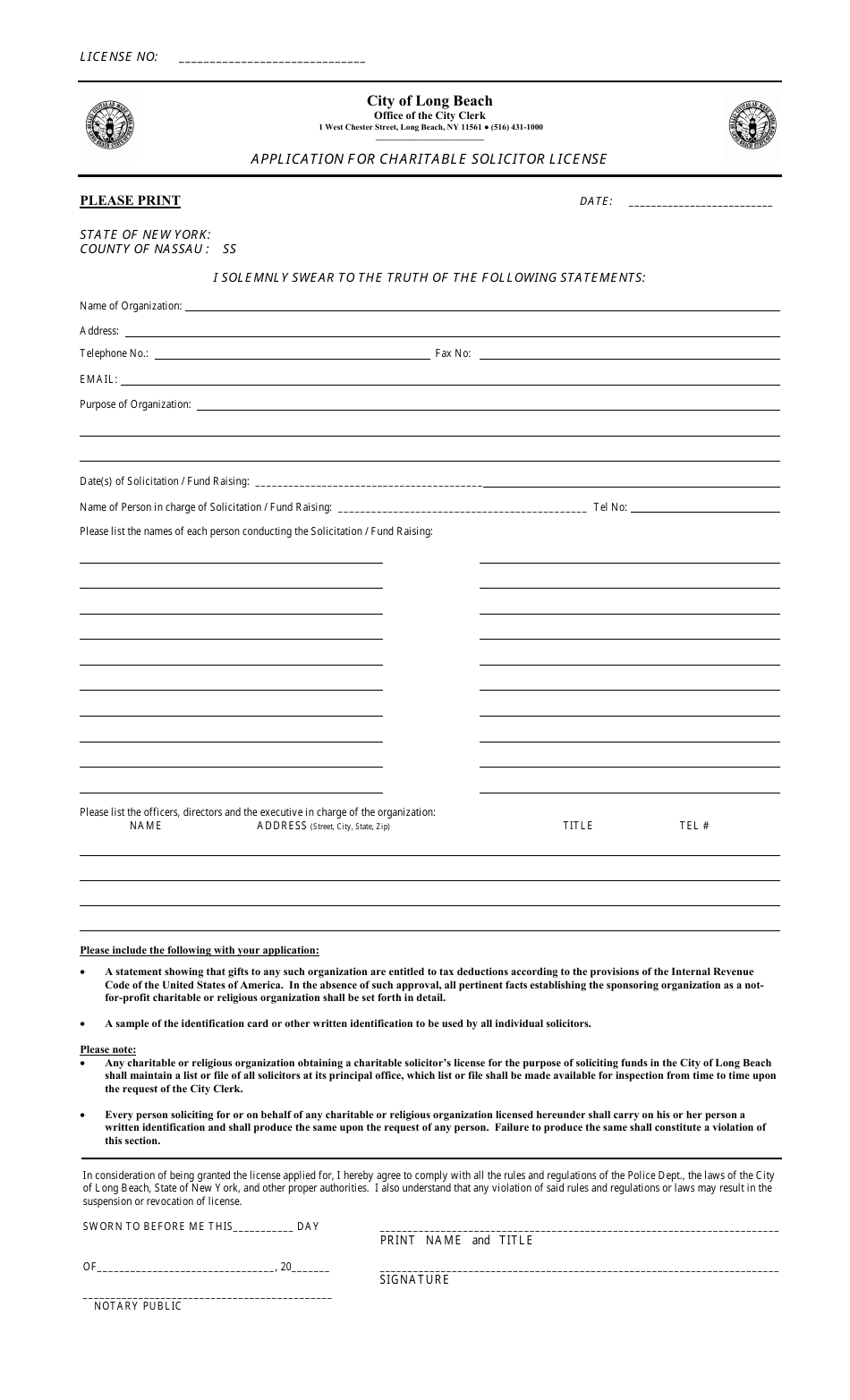 Application for Charitable Solicitor License - City of Long Beach, New York, Page 1