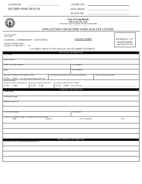 Application for Second Hand Dealers License - City of Long Beach, New York Download Pdf
