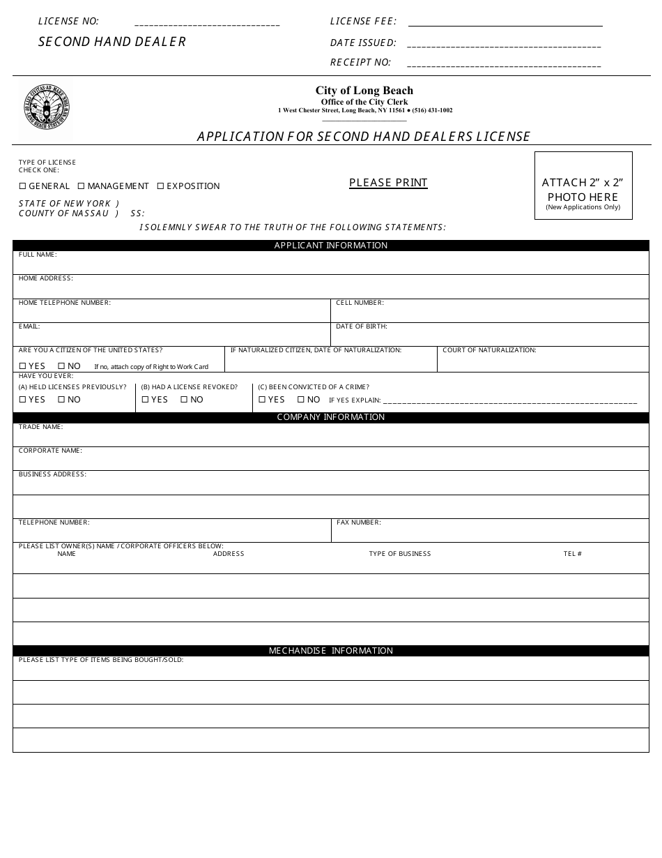 Application for Second Hand Dealers License - City of Long Beach, New York, Page 1