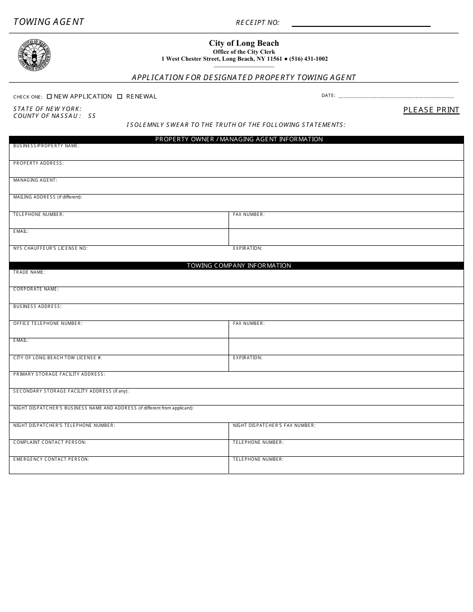 Application for Designated Property Towing Agent - City of Long Beach, New York, Page 1