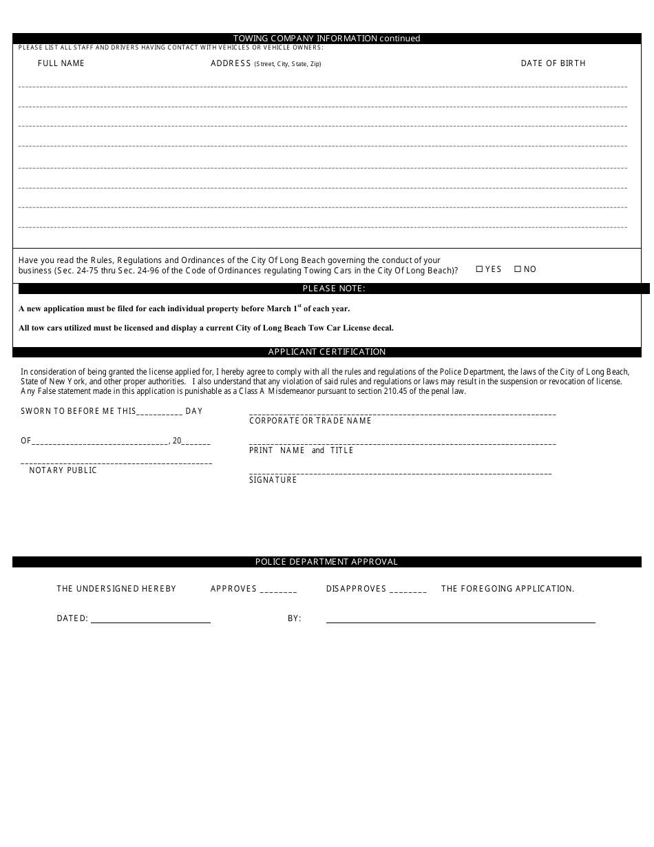 Application for Designated Property Towing Agent - City of Long Beach, New York, Page 2