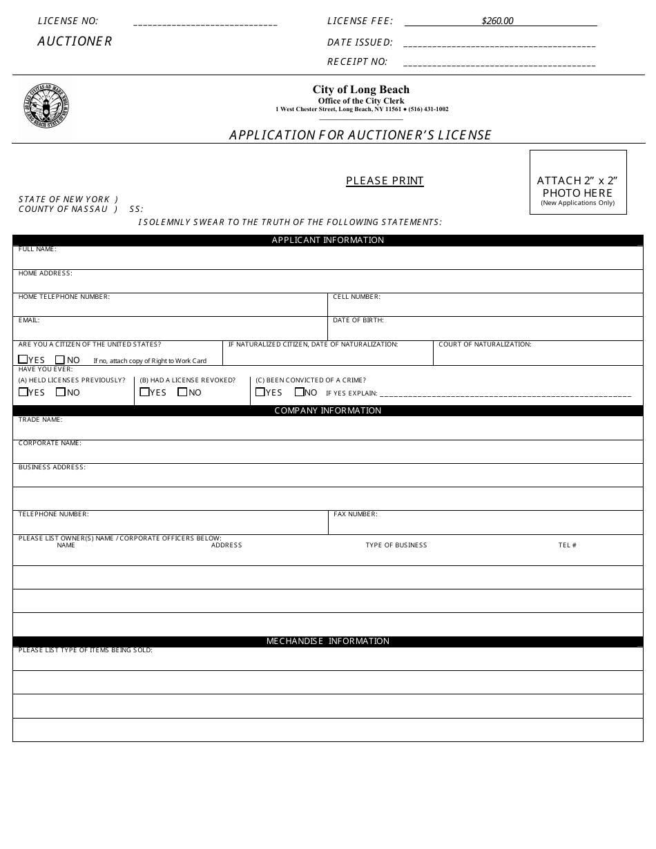 Application for Auctioners License - City of Long Beach, New York, Page 1