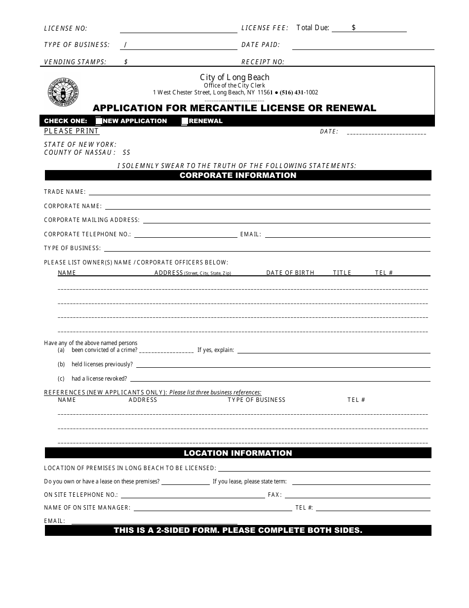 Application for Mercantile License or Renewal - City of Long Beach, New York, Page 1