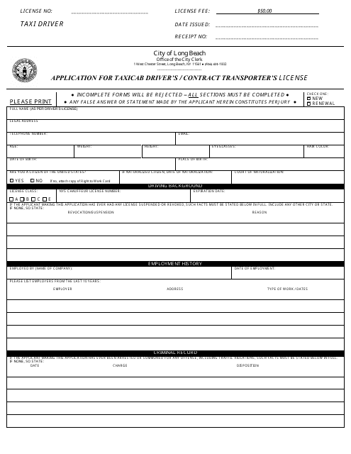 Application for Taxicab Driver's/Contract Transporter's License - City of Long Beach, New York