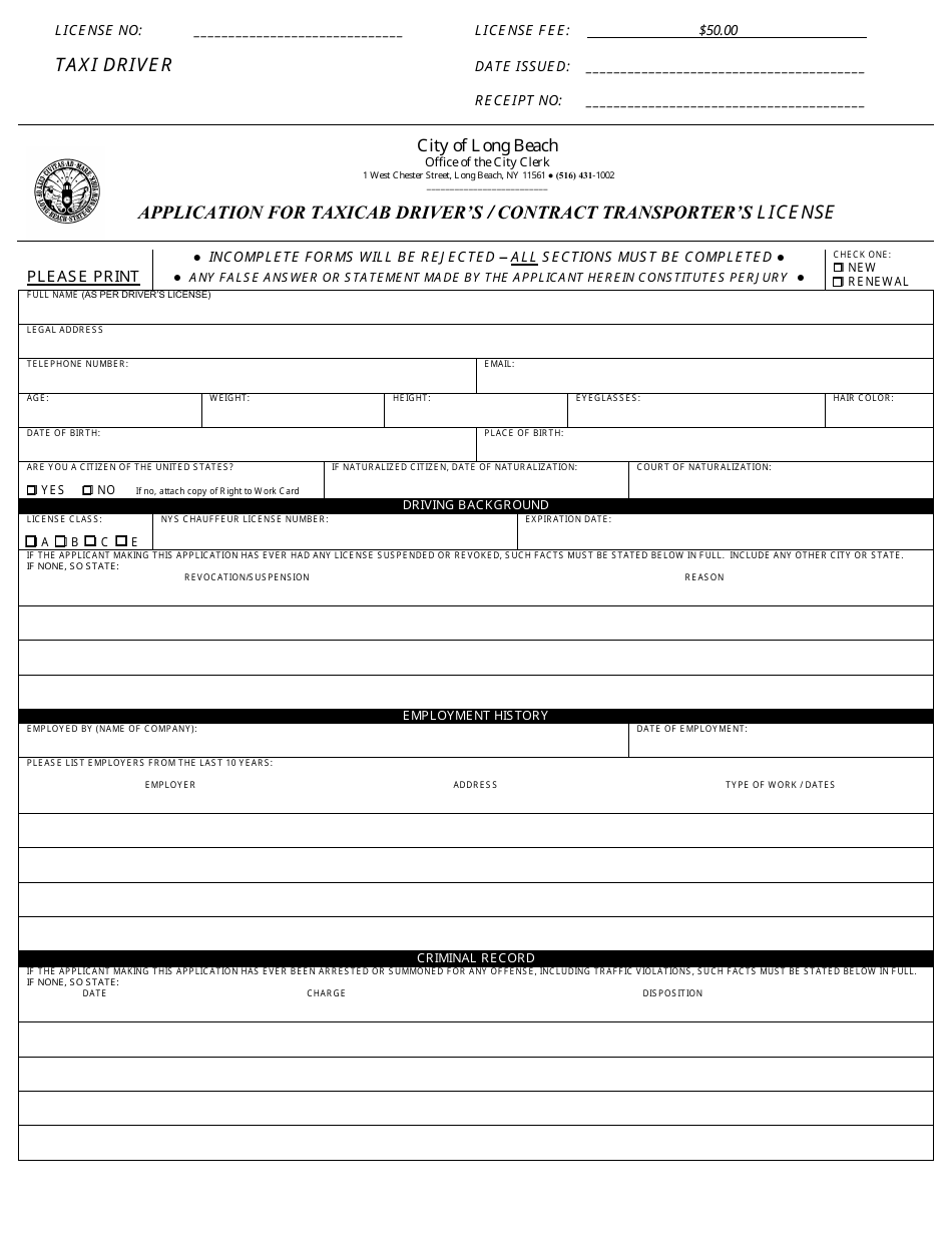 Application for Taxicab Drivers / Contract Transporters License - City of Long Beach, New York, Page 1