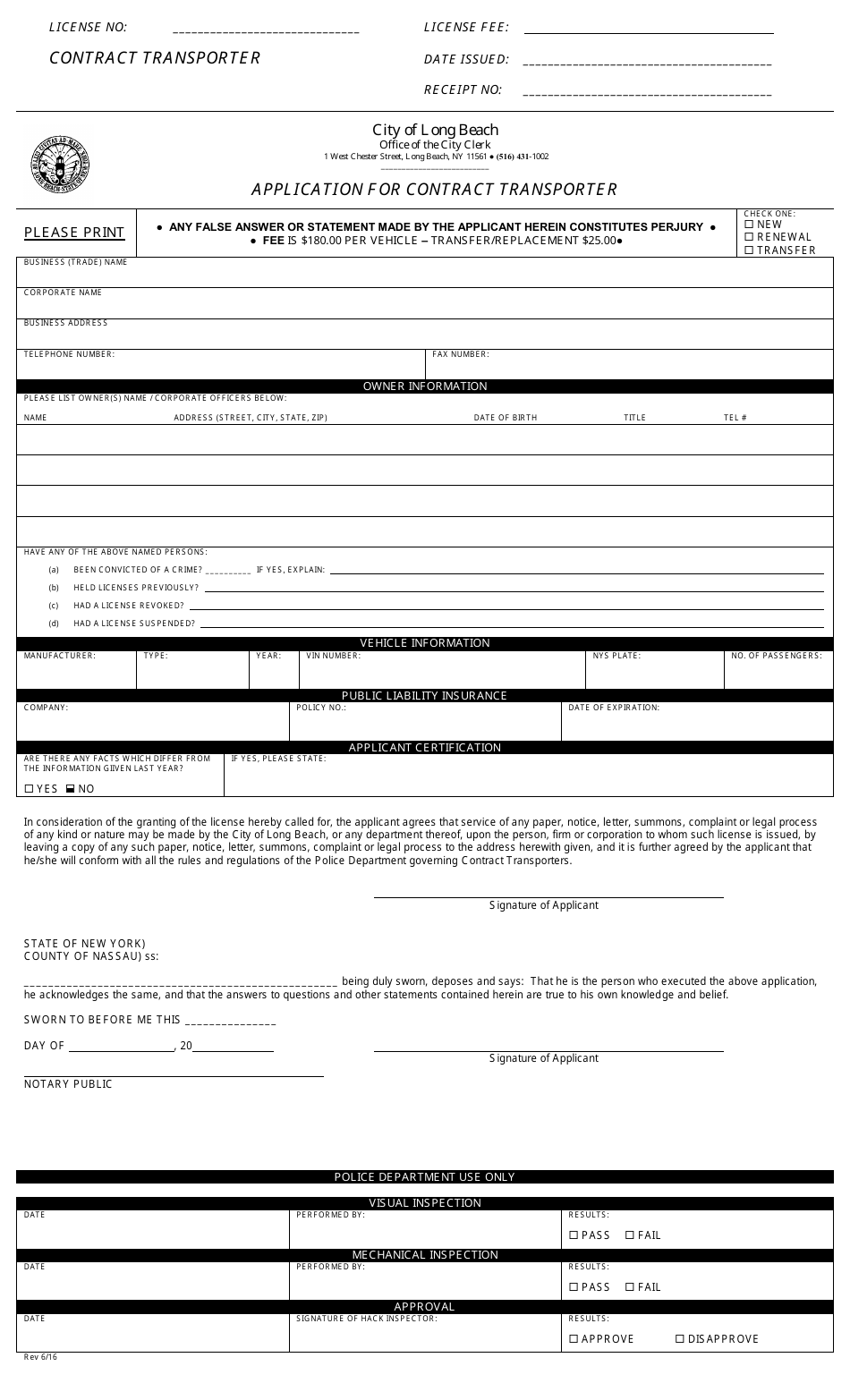 City of Long Beach, New York Application for Contract Transporter ...