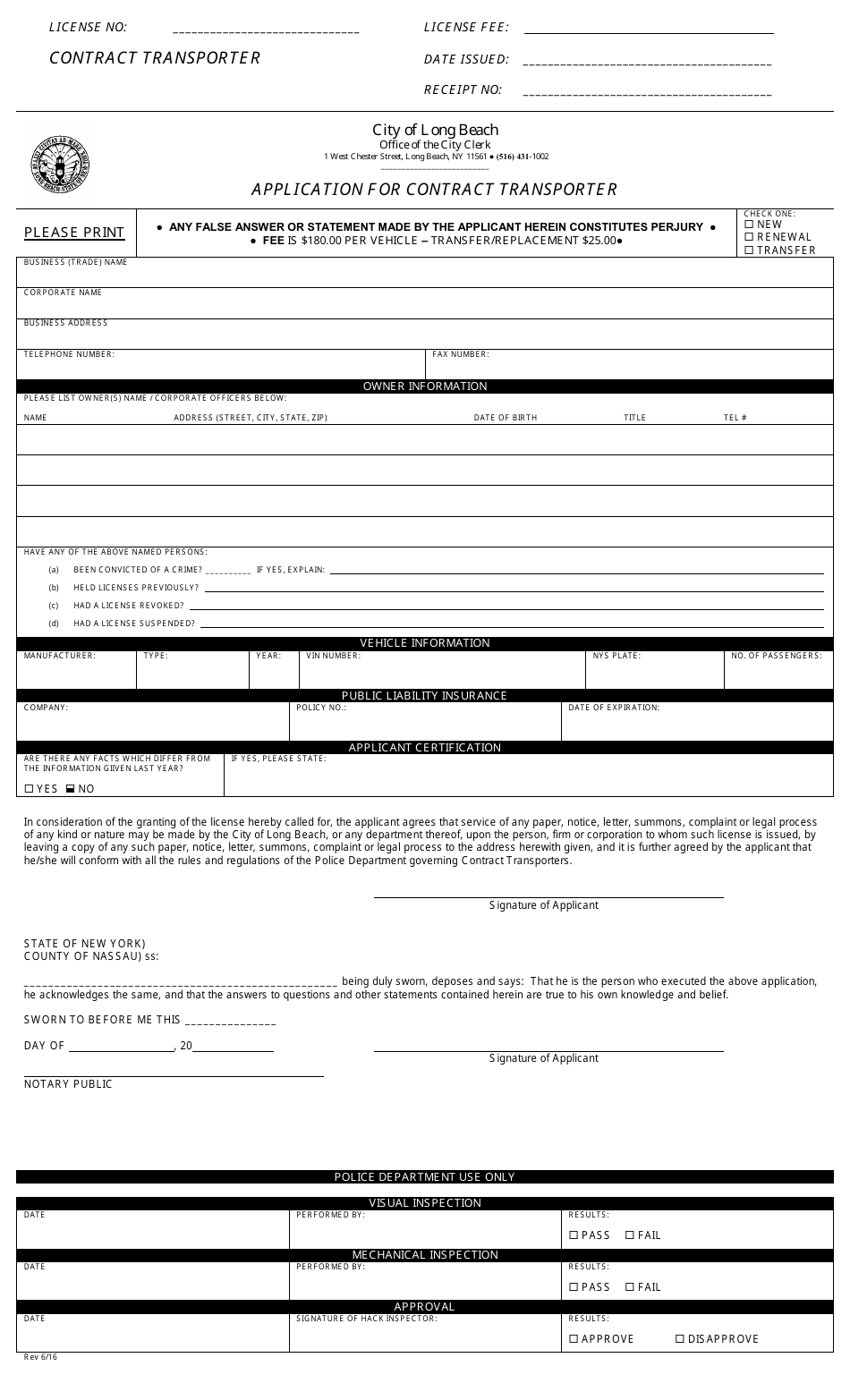 Application for Contract Transporter - City of Long Beach, New York, Page 1