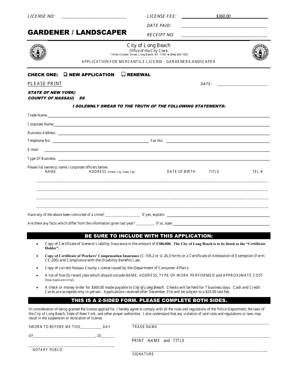 Application for Mercantile License - Gardener / Landscaper - City of Long Beach, New York, Page 1