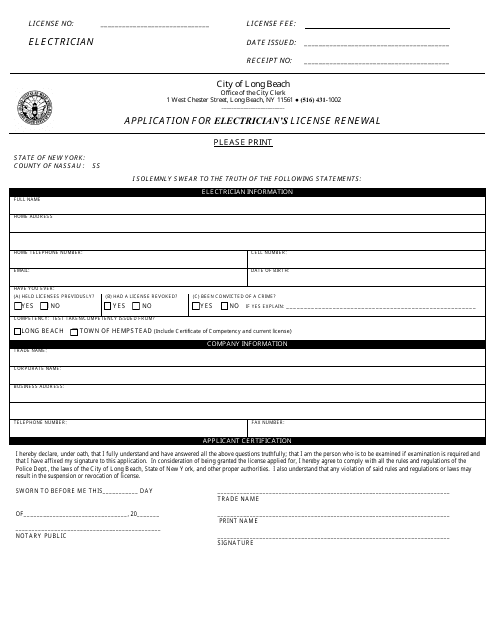 Application for Electrician's License Renewal - City of Long Beach, New York