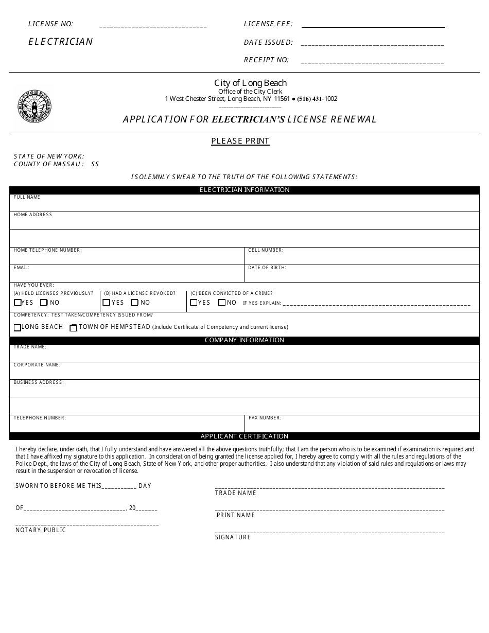 City of Long Beach, New York Application for Electrician's License Renewal Fill Out, Sign