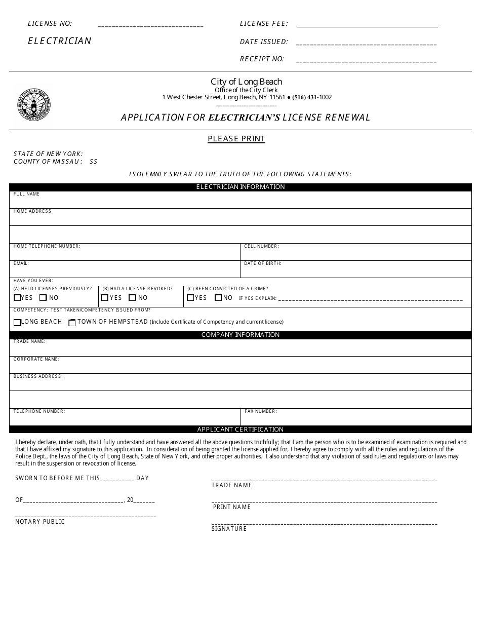 Application for Electricians License Renewal - City of Long Beach, New York, Page 1