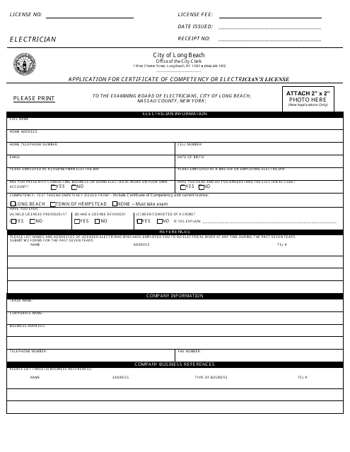 Application for Certificate of Competency or Electrician's License - City of Long Beach, New York Download Pdf