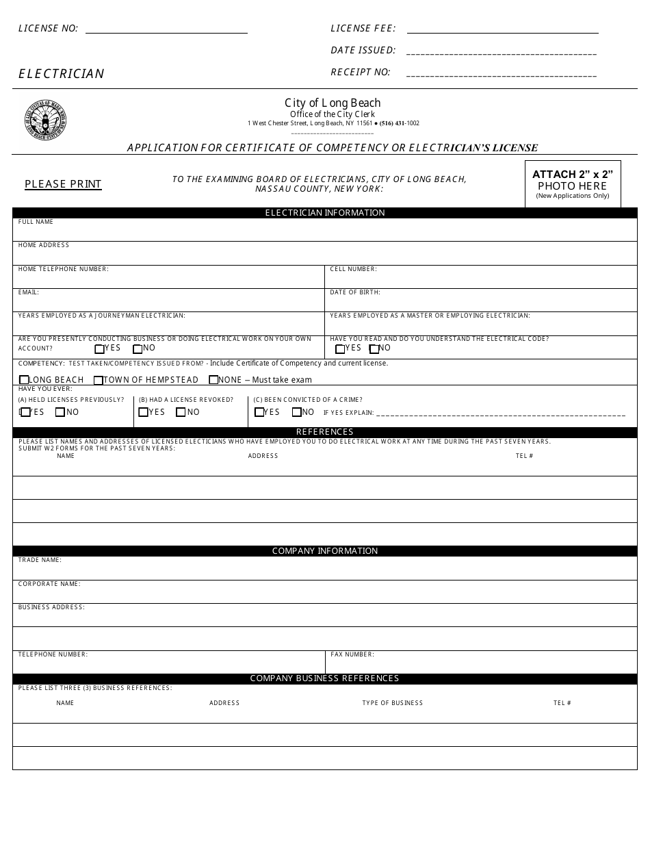 Application for Certificate of Competency or Electricians License - City of Long Beach, New York, Page 1