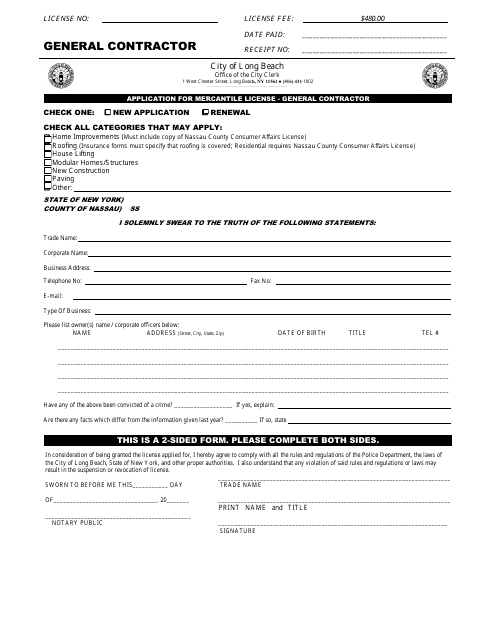 Application for Mercantile License - General Contractor - City of Long Beach, New York Download Pdf