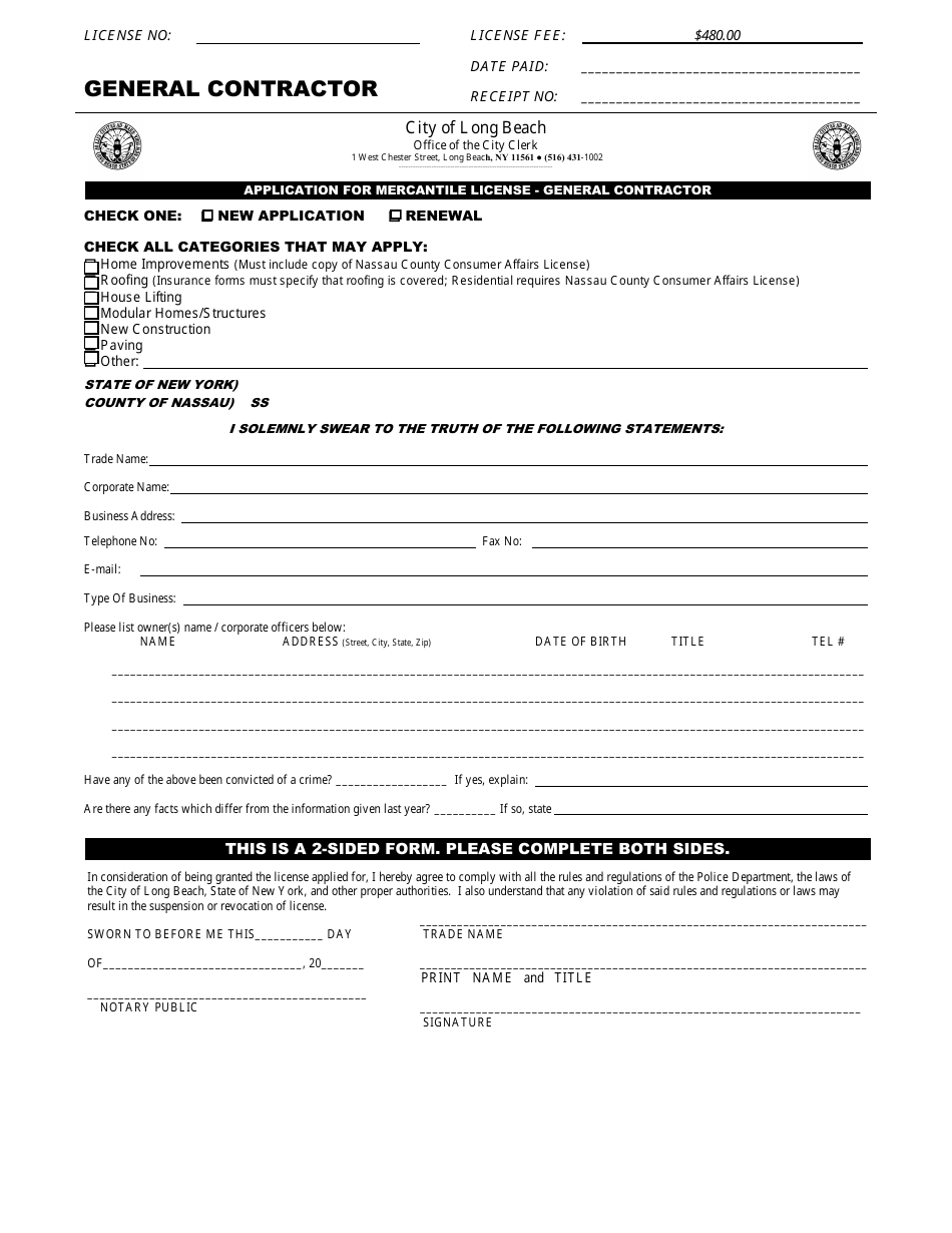 Application for Mercantile License - General Contractor - City of Long Beach, New York, Page 1