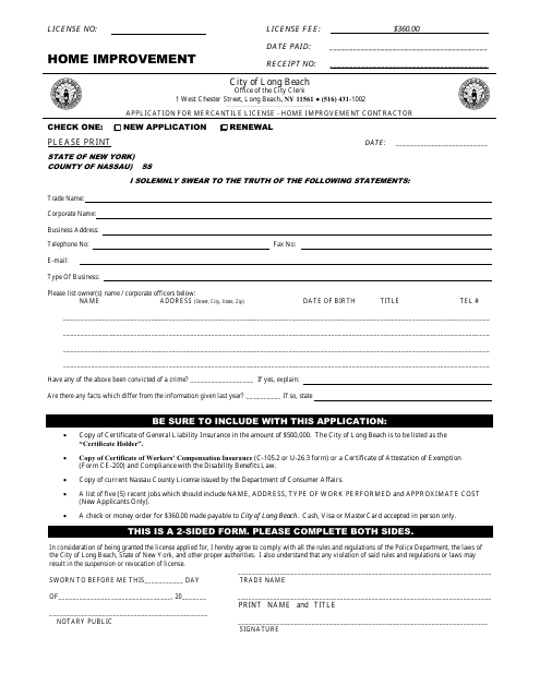 Application for Mercantile License - Home Improvement Contractor - City of Long Beach, New York Download Pdf