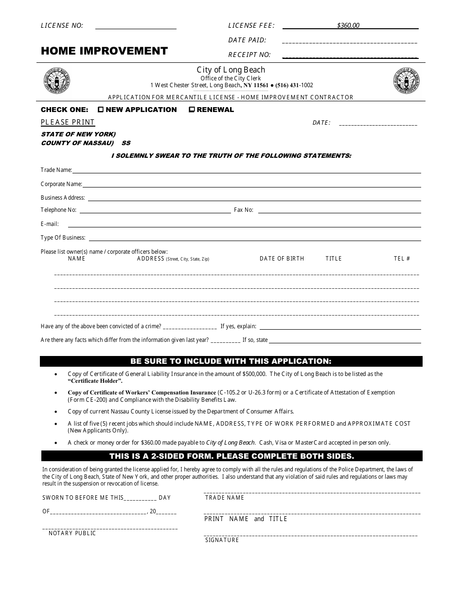 Application for Mercantile License - Home Improvement Contractor - City of Long Beach, New York, Page 1