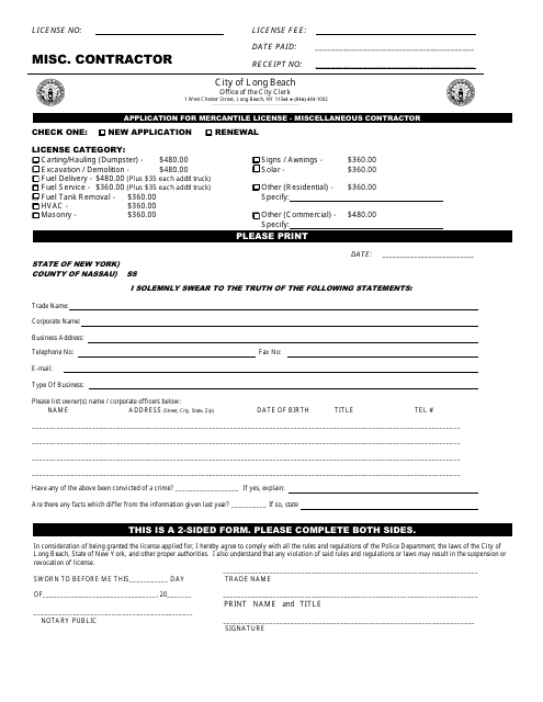 Application for Mercantile License - Miscellaneous Contractor - City of Long Beach, New York Download Pdf
