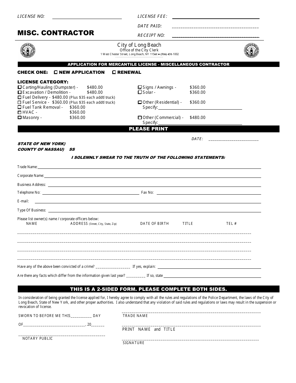 Application for Mercantile License - Miscellaneous Contractor - City of Long Beach, New York, Page 1