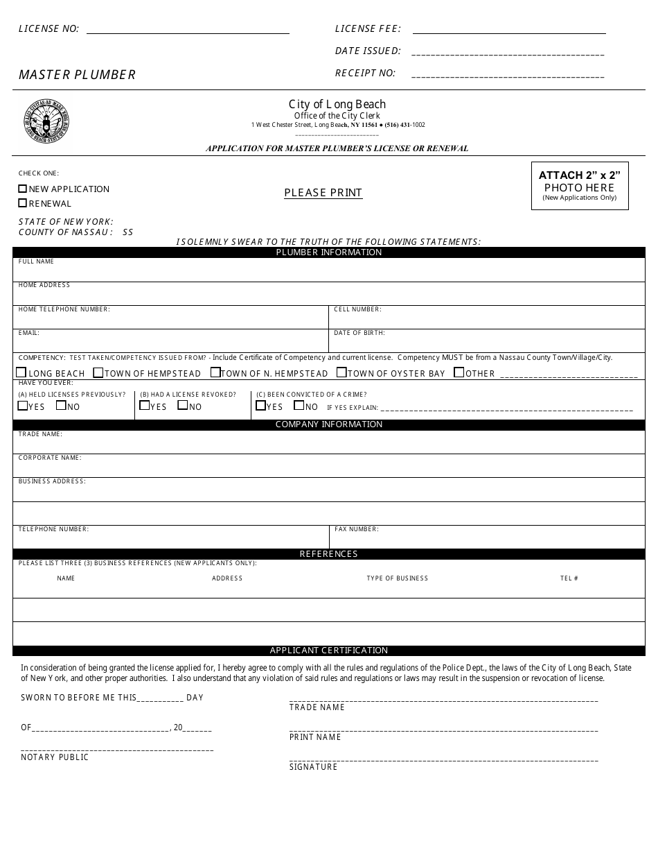 Application for Master Plumbers License or Renewal - City of Long Beach, New York, Page 1