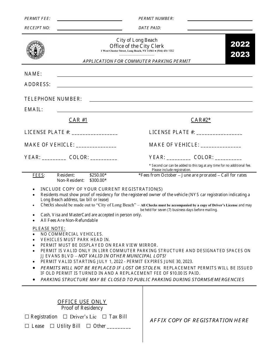 2023 City of Long Beach, New York Application for Commuter Parking