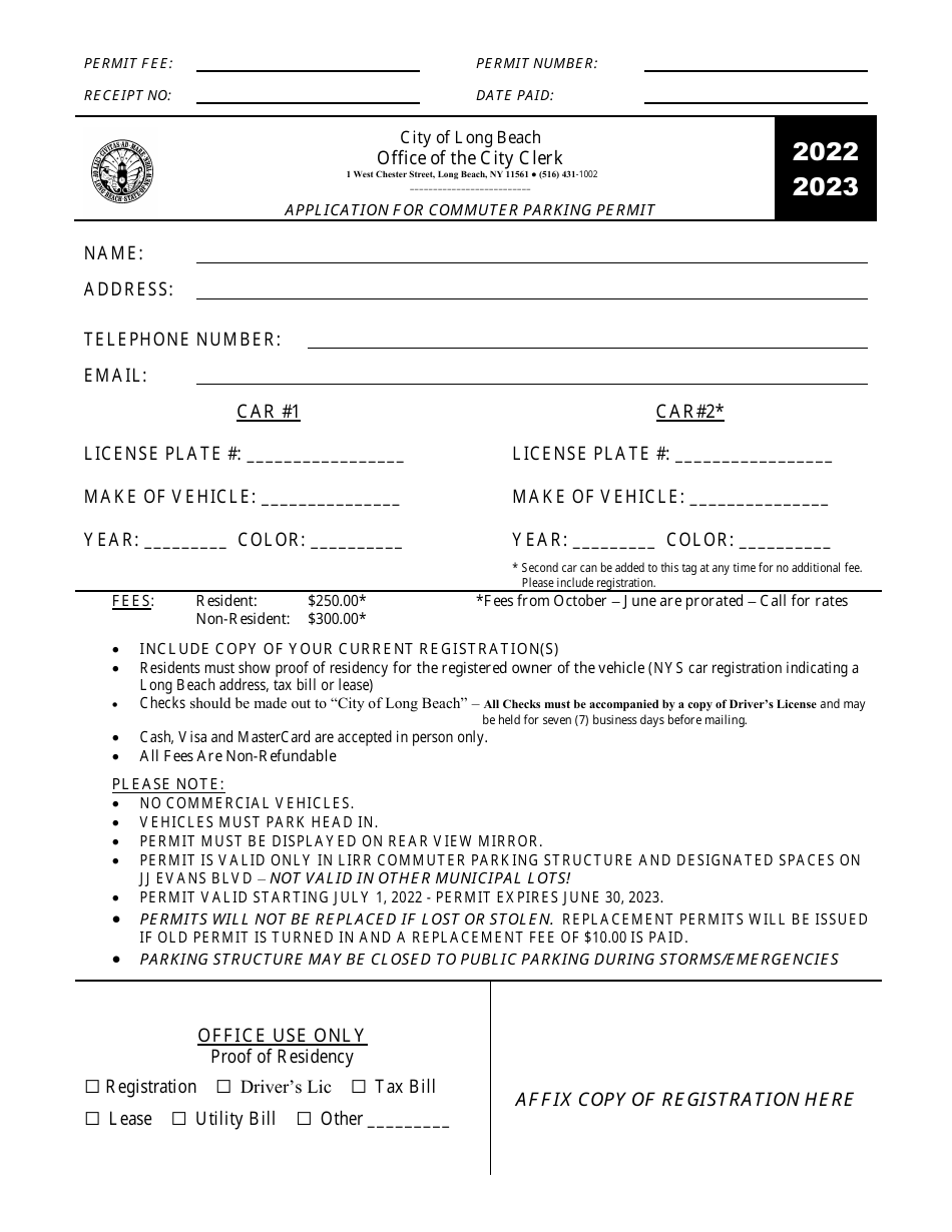 Application for Commuter Parking Permit - City of Long Beach, New York, Page 1