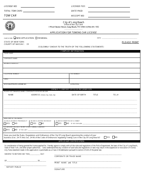 Application for Towing Car License - City of Long Beach, New York Download Pdf