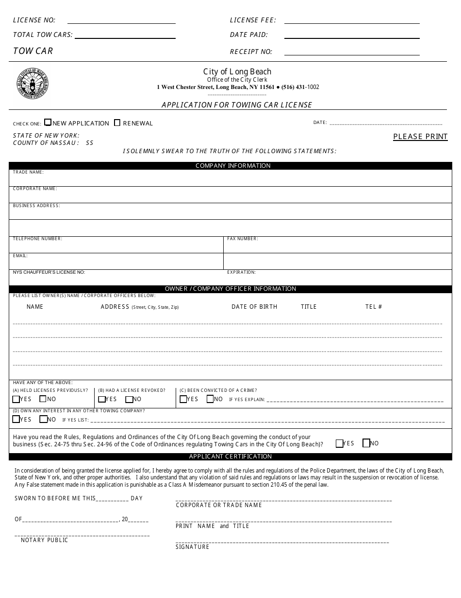 Application for Towing Car License - City of Long Beach, New York, Page 1