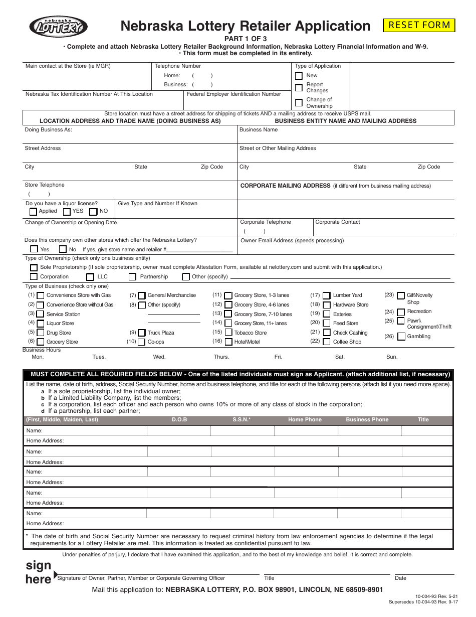 Form 10-004-93 Lottery Retailer Application - Nebraska, Page 1