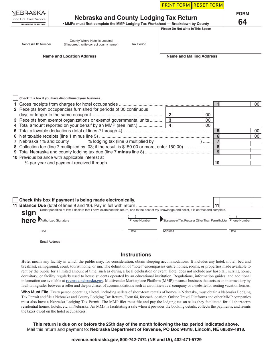 Form 64 Nebraska and County Lodging Tax Return - Nebraska, Page 1