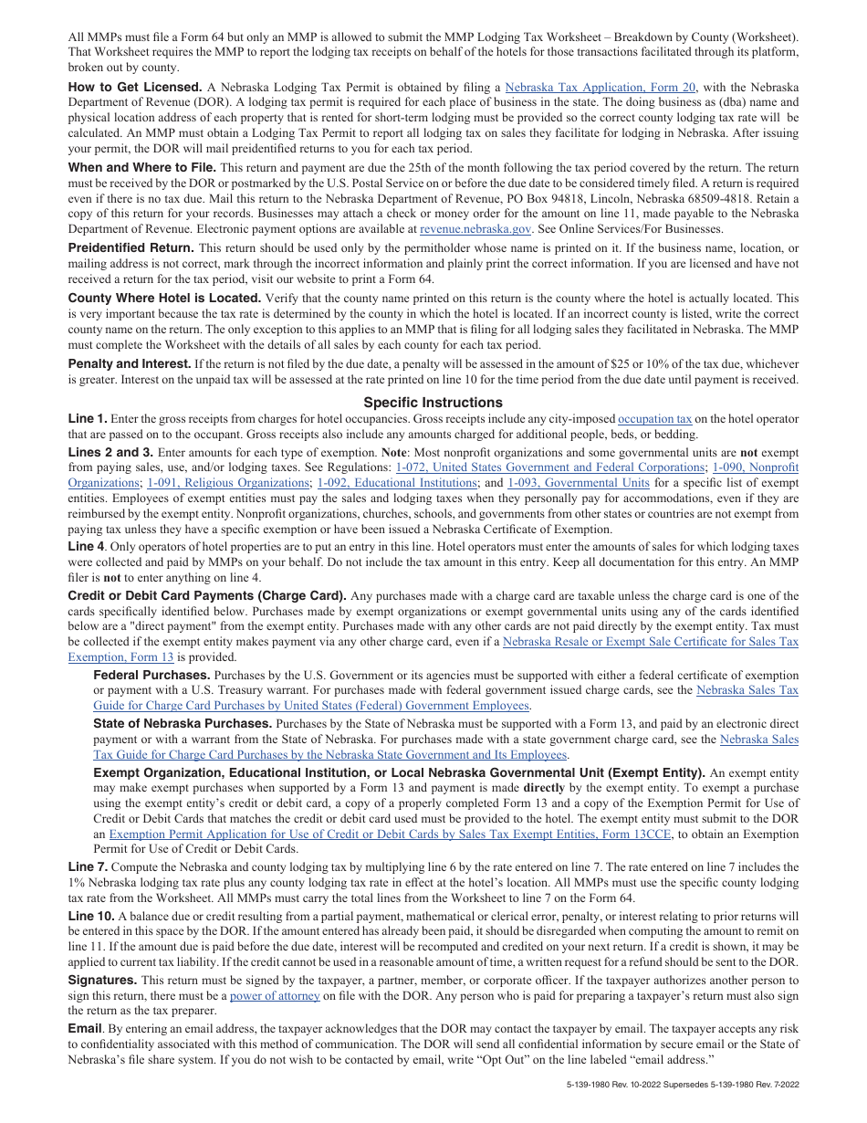 Form 64 Nebraska and County Lodging Tax Return - Nebraska, Page 2
