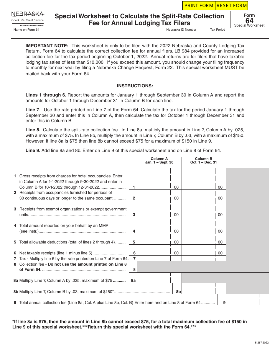 Form 64 Special Worksheet to Calculate the Split-Rate Collection Fee for Annual Lodging Tax Filers - Nebraska, Page 1