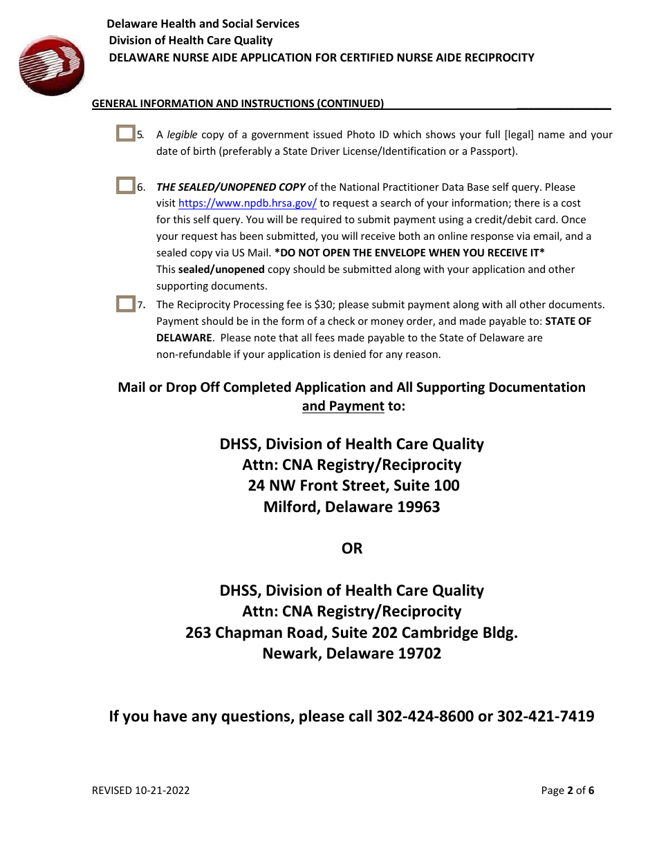 Delaware Delaware Nurse Aide Application For Certified Nurse Aide Reciprocity Fill Out Sign 3619