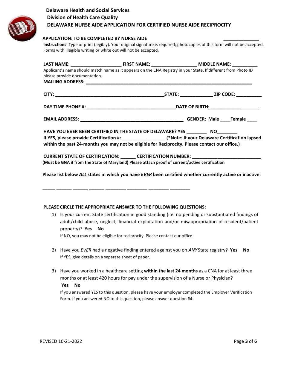 Delaware Nurse Aide Application for Certified Nurse Aide Reciprocity - Delaware, Page 3