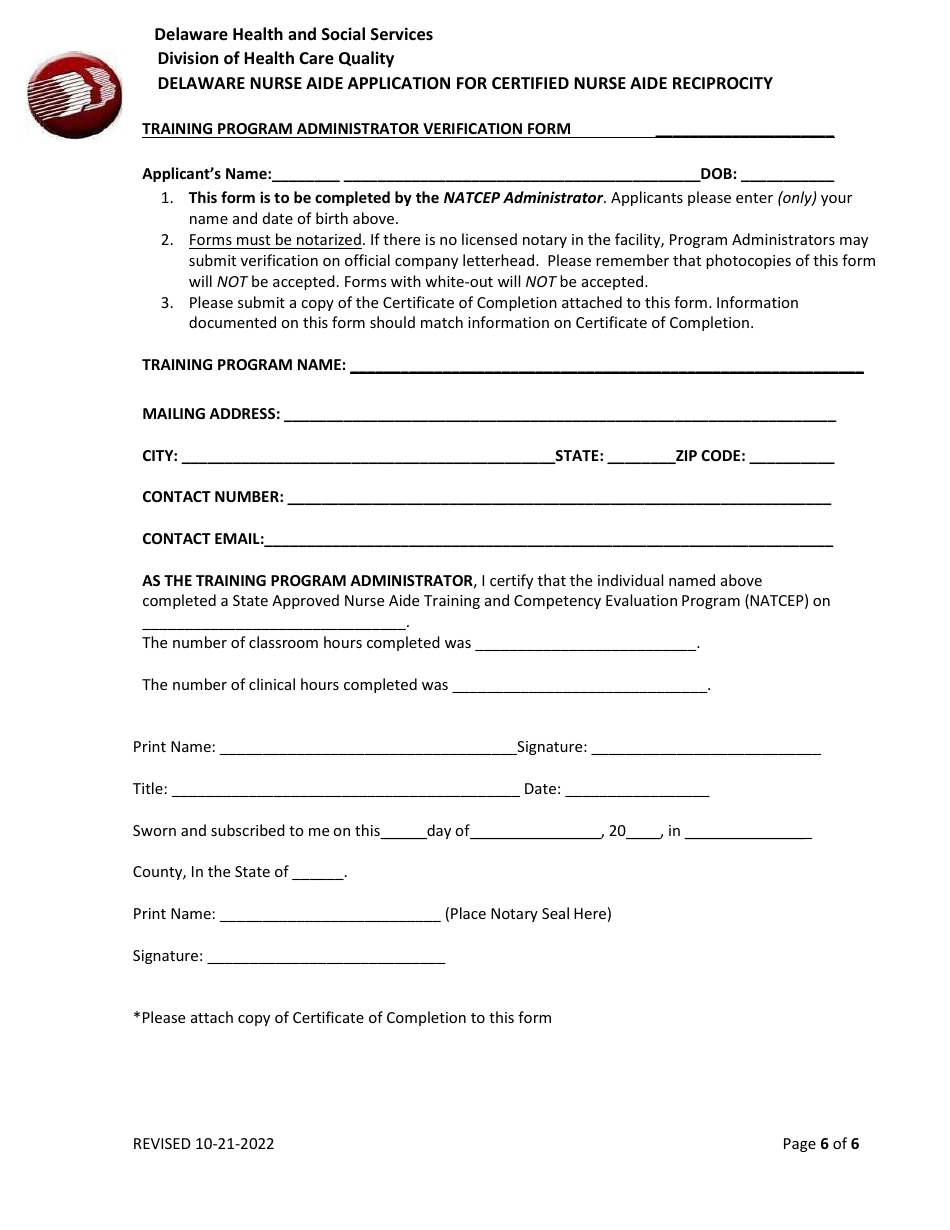 Delaware Nurse Aide Application for Certified Nurse Aide Reciprocity - Delaware, Page 6