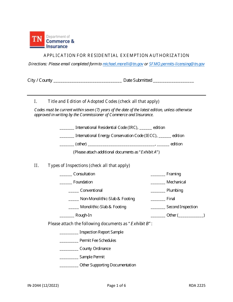 Form IN-2044 Application for Residential Exemption Authorization - Tennessee, Page 1