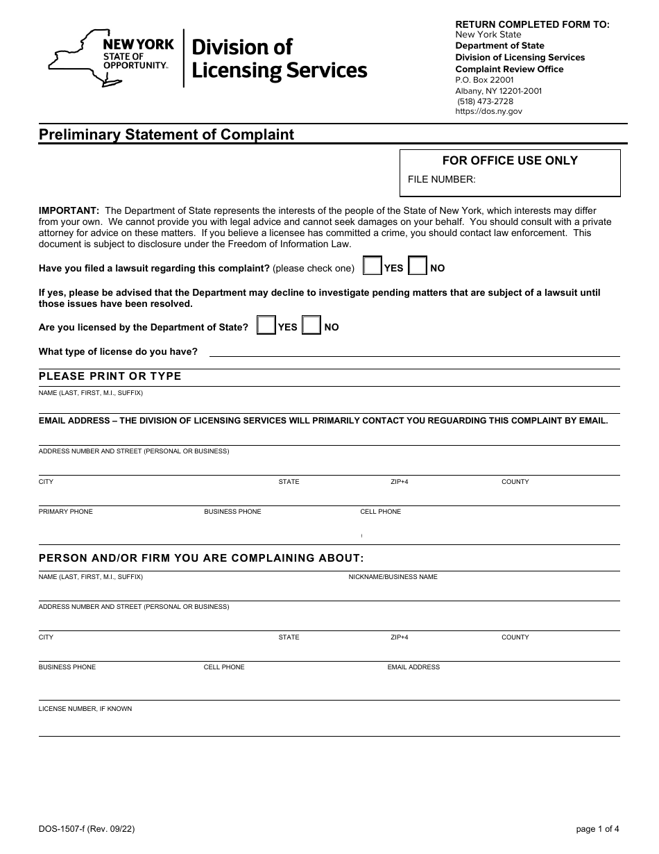 Form DOS-1507-F Preliminary Statement of Complaint - New York, Page 1