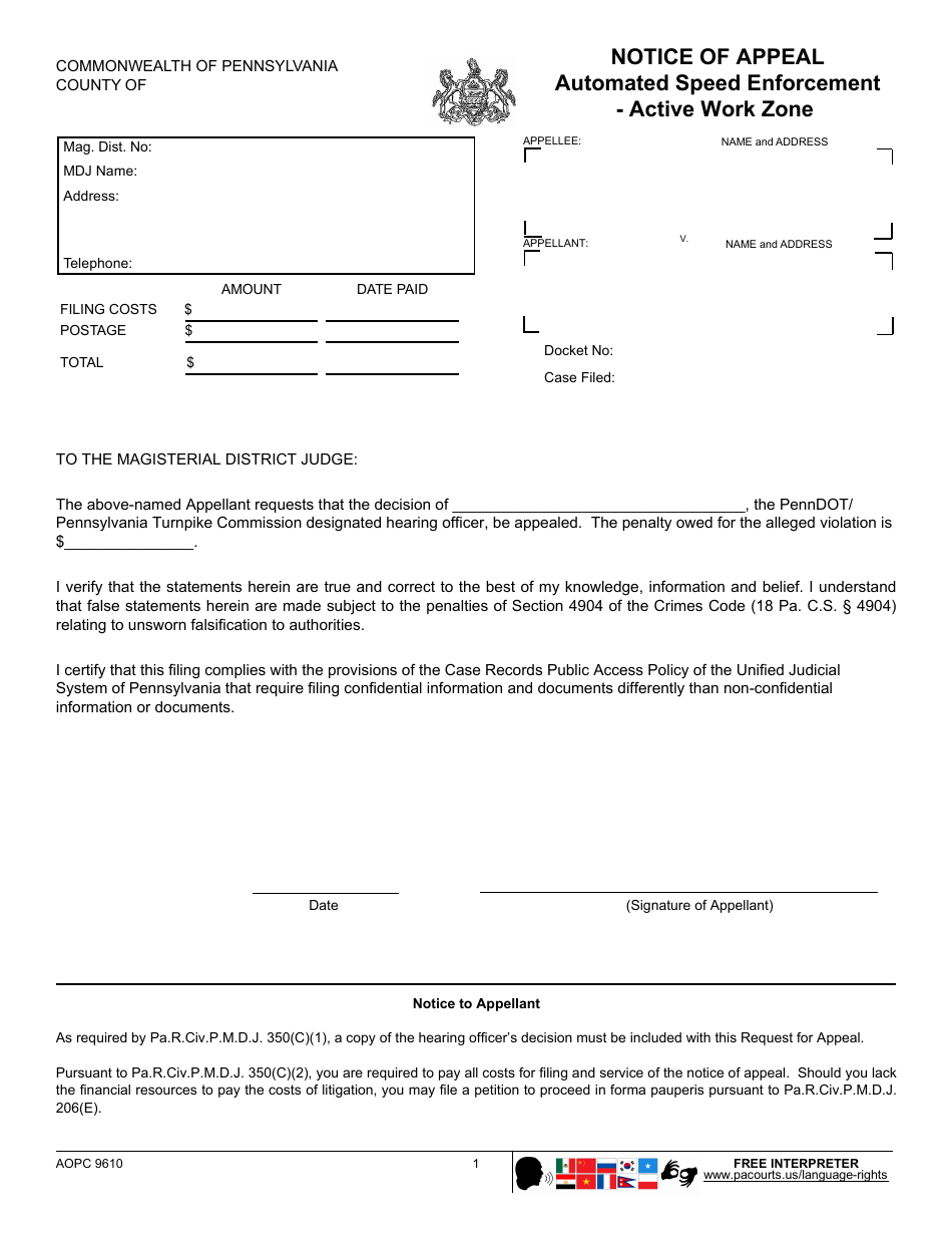 Form AOPC9610 Fill Out, Sign Online and Download Fillable PDF