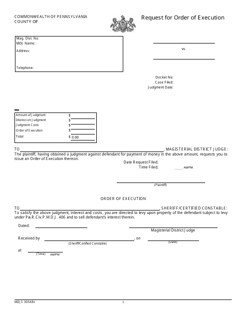Form MDJS305ABL Request for Order of Execution - Pennsylvania