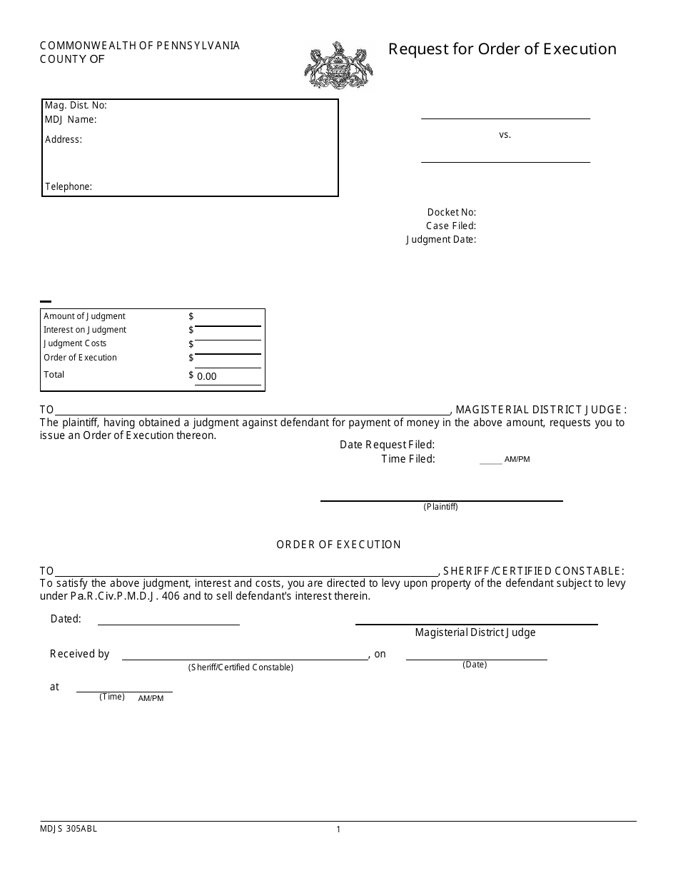 Form MDJS305ABL Request for Order of Execution - Pennsylvania, Page 1
