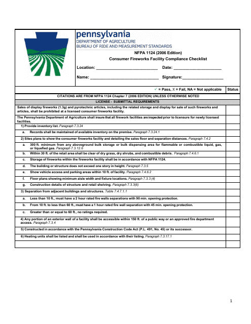 NFPA 1124 (2006 Edition) Consumer Fireworks Facility Compliance Checklist - Pennsylvania Download Pdf